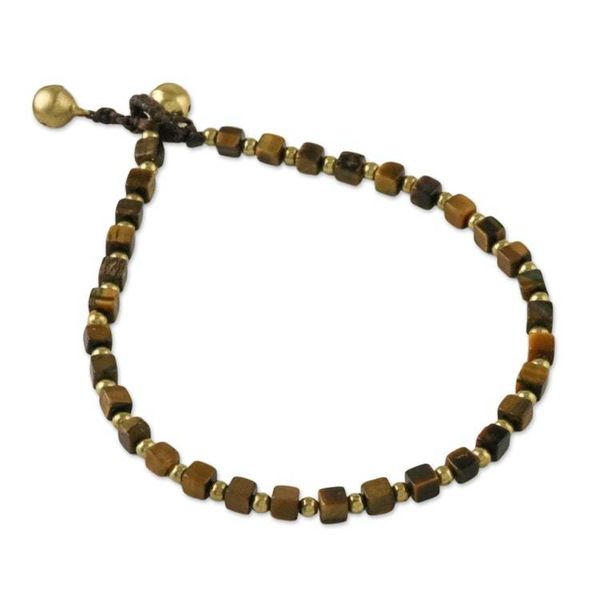 Alternate image for Handmade Tigers Eye and Brass Beaded Anklet from Thailand Forest Dreams