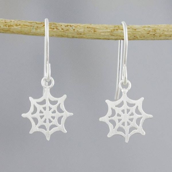 Alternate image for Sterling Silver Handcrafted Spider Web Dangle Earrings Delicate Cobwebs