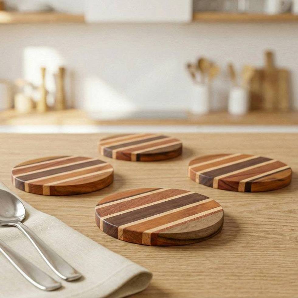 4 Eco-Friendly Striped Hand-Carved Reclaimed Wood Coasters 'Flavorful Moments'