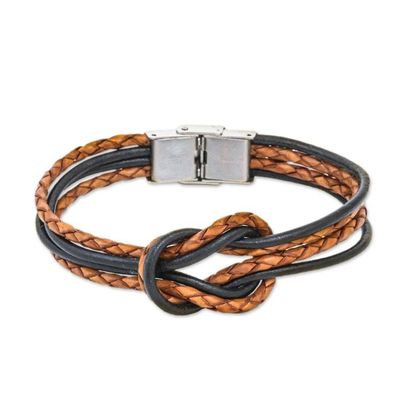 Alternate image for Thai Brown Leather Braid  Black Cord Unity Bracelet Unity and Nostalgia