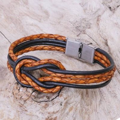 Alternate image for Thai Brown Leather Braid  Black Cord Unity Bracelet Unity and Nostalgia