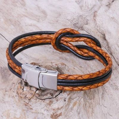 Alternate image for Thai Brown Leather Braid  Black Cord Unity Bracelet Unity and Nostalgia