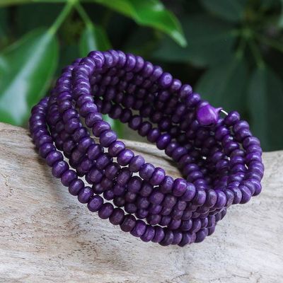 Alternate image for Purple Beaded Wood Wrap Bracelet with Bells 1 In Purple Spin