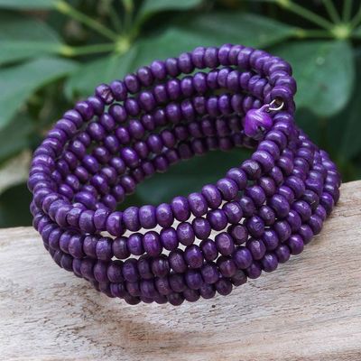 Alternate image for Purple Beaded Wood Wrap Bracelet with Bells 1 In Purple Spin