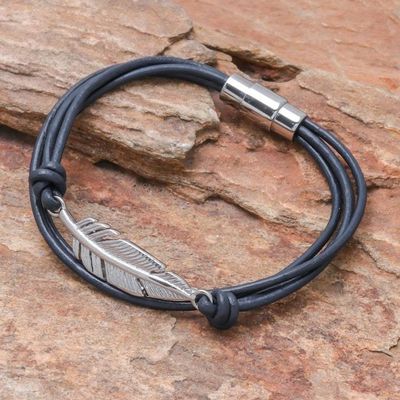 Alternate image for Stainless Steel and Navy Leather Feather Pendant Bracelet Stunning Feather in Navy