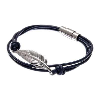 Alternate image for Stainless Steel and Navy Leather Feather Pendant Bracelet Stunning Feather in Navy
