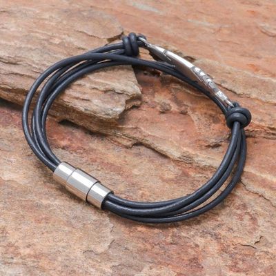 Alternate image for Stainless Steel and Navy Leather Feather Pendant Bracelet Stunning Feather in Navy