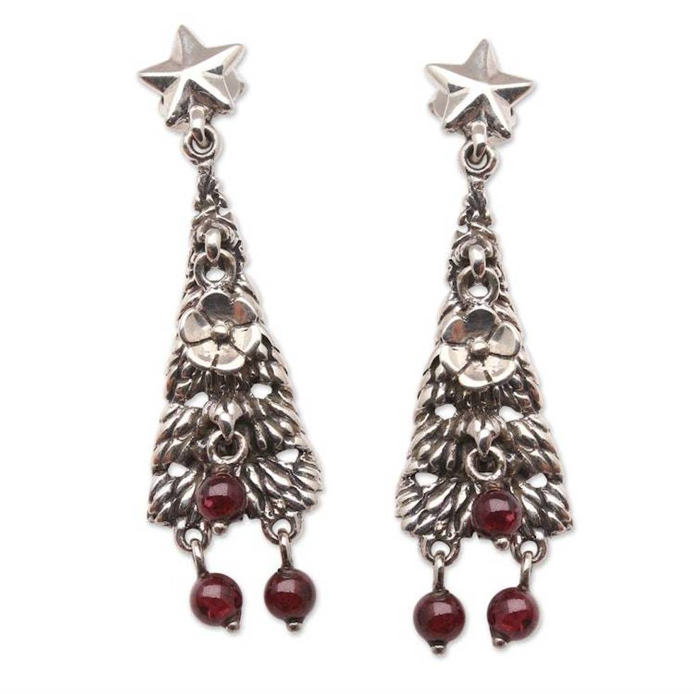 Sterling and Garnet Holiday Themed Earrings 'Christmas Tree'