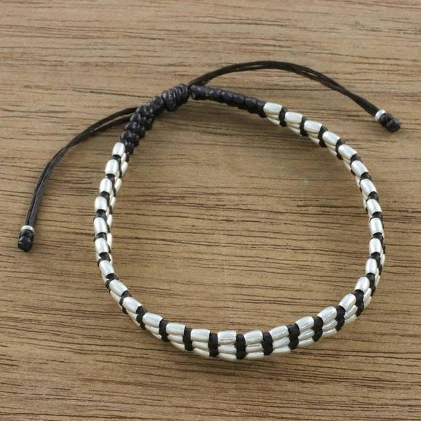 Alternate image for Dark Brown Macrame Bracelet with Silver 950 Beads Friendly Brown