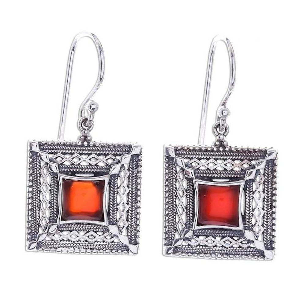 Ornate Geometric Thai Sterling Silver and Carnelian Earrings 'Autumn Fire'