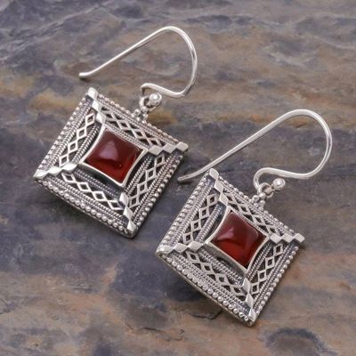 Alternate image for Ornate Geometric Thai Sterling Silver and Carnelian Earrings Autumn Fire