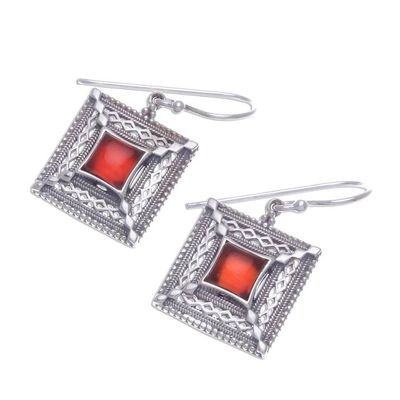 Alternate image for Ornate Geometric Thai Sterling Silver and Carnelian Earrings Autumn Fire