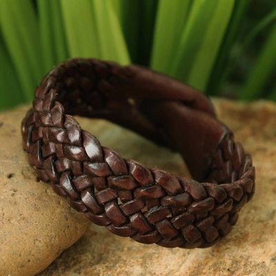 Alternate image for Handmade Unisex Leather Wristband Bracelet Bangkok Weave