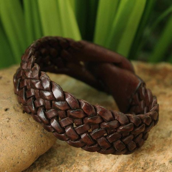 Alternate image for Handmade Unisex Leather Wristband Bracelet Bangkok Weave