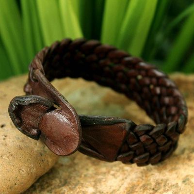Alternate image for Handmade Unisex Leather Wristband Bracelet Bangkok Weave