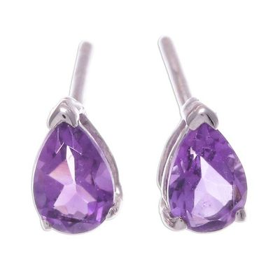 Alternate image for Sterling Silver Drop Earrings with Pear-Shaped Amethyst Gems Wisdom Blessing