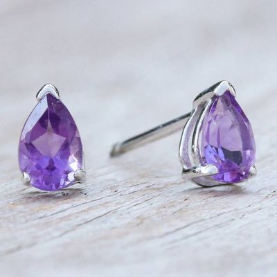 Alternate image for Sterling Silver Drop Earrings with Pear-Shaped Amethyst Gems Wisdom Blessing