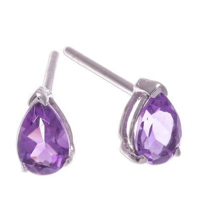 Alternate image for Sterling Silver Drop Earrings with Pear-Shaped Amethyst Gems Wisdom Blessing