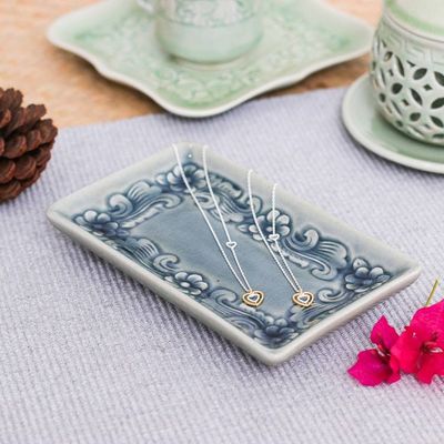 Alternate image for Handmade Floral-Themed Celadon Ceramic Catchall in Blue Floral Blue