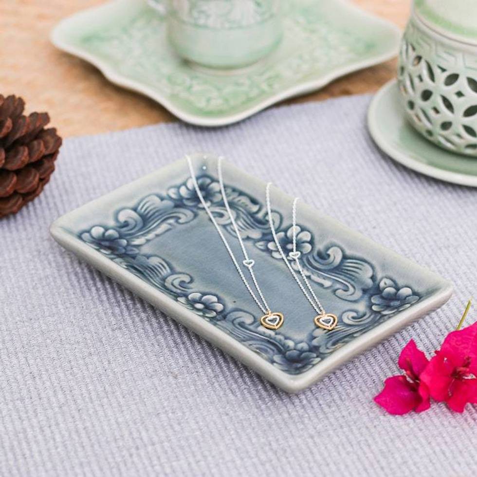 Handmade Floral-Themed Celadon Ceramic Catchall in Blue 'Floral Blue'