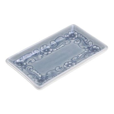 Alternate image for Handmade Floral-Themed Celadon Ceramic Catchall in Blue Floral Blue