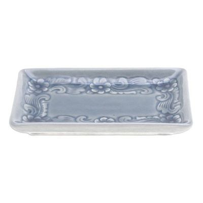 Alternate image for Handmade Floral-Themed Celadon Ceramic Catchall in Blue Floral Blue