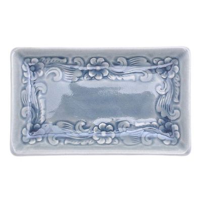 Alternate image for Handmade Floral-Themed Celadon Ceramic Catchall in Blue Floral Blue