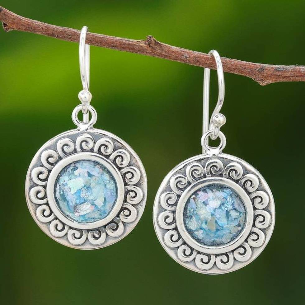 Curl Pattern Roman Glass Dangle Earrings from Thailand 'Sun of the Sea'