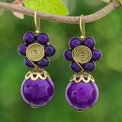 Alternate image for Purple Magnesite Floral Dangle Earrings with Brass Spirals Violet Bloom