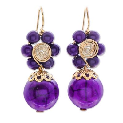 Alternate image for Purple Magnesite Floral Dangle Earrings with Brass Spirals Violet Bloom