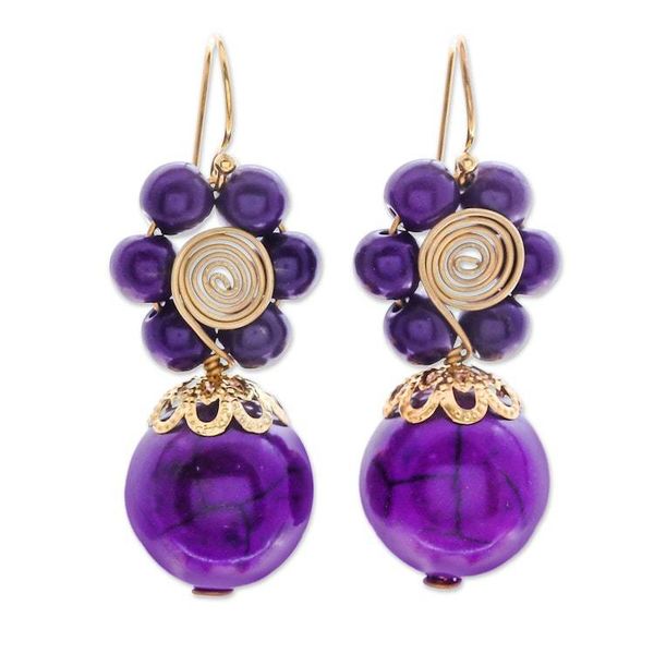 Alternate image for Purple Magnesite Floral Dangle Earrings with Brass Spirals Violet Bloom