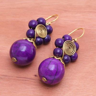 Alternate image for Purple Magnesite Floral Dangle Earrings with Brass Spirals Violet Bloom