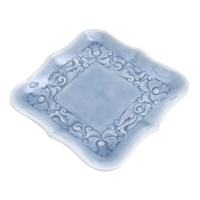 Alternate image for Handmade Celadon Ceramic Catchall with Floral Motifs in Blue Blue Allure