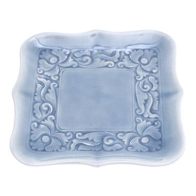 Alternate image for Handmade Celadon Ceramic Catchall with Floral Motifs in Blue Blue Allure