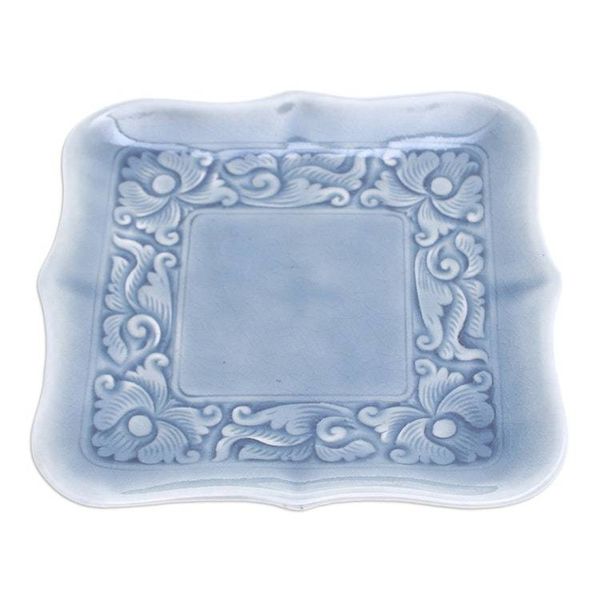 Alternate image for Handmade Celadon Ceramic Catchall with Floral Motifs in Blue Blue Allure