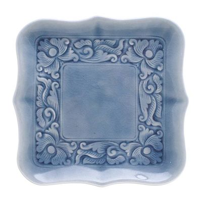 Alternate image for Handmade Celadon Ceramic Catchall with Floral Motifs in Blue Blue Allure