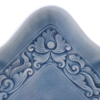 Alternate image for Handmade Celadon Ceramic Catchall with Floral Motifs in Blue Blue Allure