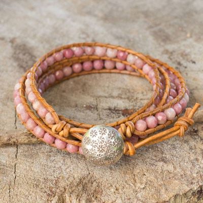 Alternate image for Pink Rhodonite and Karen Hill Tribe Silver Wrap Bracelet Pink Hydrangea