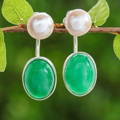 Alternate image for Peach Color Pearls and Green Quartz Earrings from Thailand Peach Iridescence