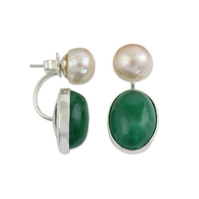 Alternate image for Peach Color Pearls and Green Quartz Earrings from Thailand Peach Iridescence