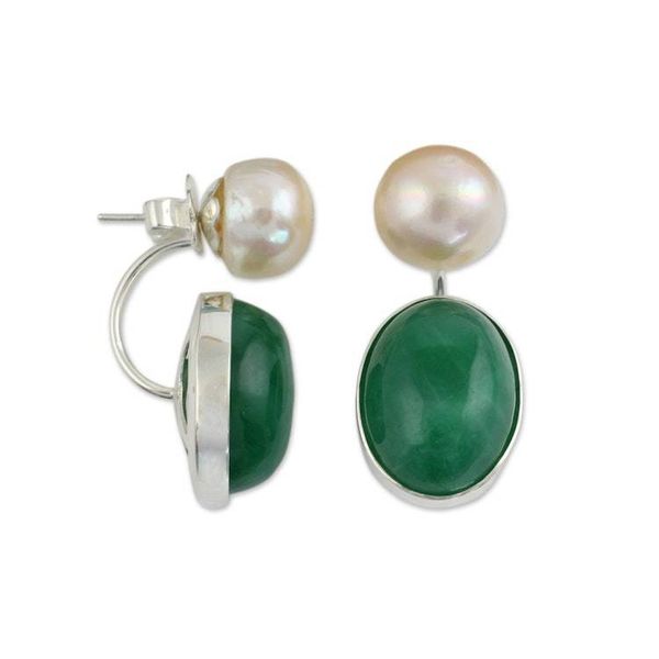 Alternate image for Peach Color Pearls and Green Quartz Earrings from Thailand Peach Iridescence