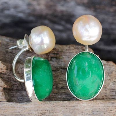 Alternate image for Peach Color Pearls and Green Quartz Earrings from Thailand Peach Iridescence