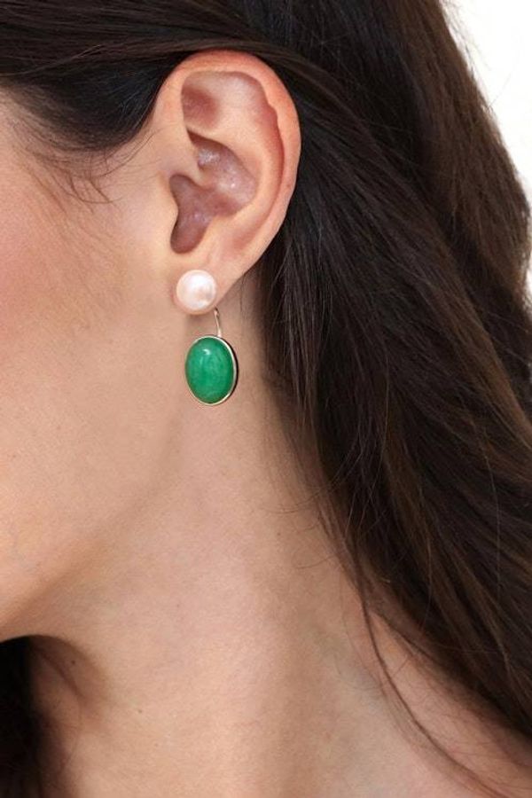 Alternate image for Peach Color Pearls and Green Quartz Earrings from Thailand Peach Iridescence