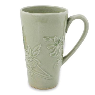 Alternate image for Light Green Celadon Ceramic Artisan Crafted Orchid Mug Green Orchid