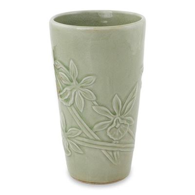 Alternate image for Light Green Celadon Ceramic Artisan Crafted Orchid Mug Green Orchid