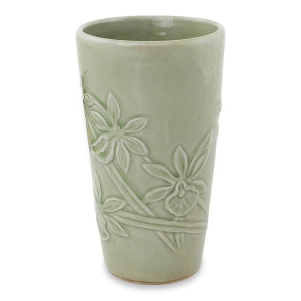 Alternate image for Light Green Celadon Ceramic Artisan Crafted Orchid Mug Green Orchid