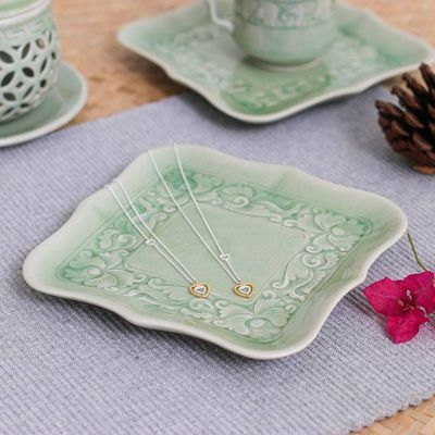 Alternate image for Handmade Green Celadon Ceramic Catchall with Floral Motifs Green Allure