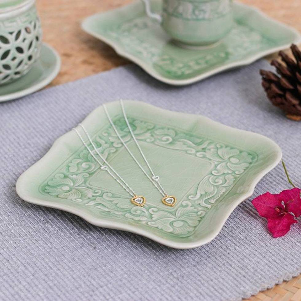 Handmade Green Celadon Ceramic Catchall with Floral Motifs 'Green Allure'