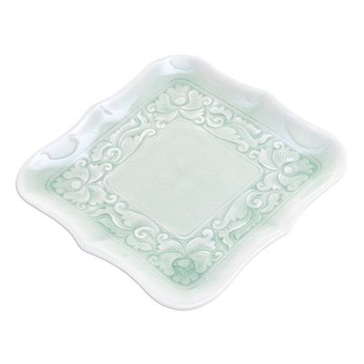 Alternate image for Handmade Green Celadon Ceramic Catchall with Floral Motifs Green Allure