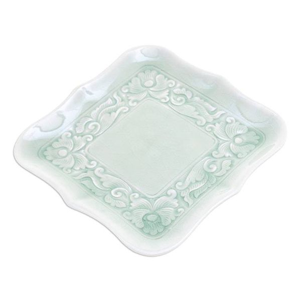 Alternate image for Handmade Green Celadon Ceramic Catchall with Floral Motifs Green Allure